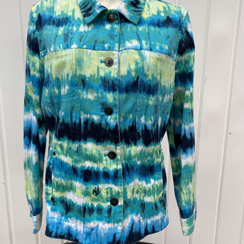 Chico’s Tie Dye Jacket Button Front Long Sleeve Collared Casual Green Blue